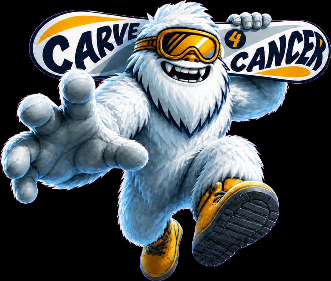 The Carve 4 Cancer yeti bursting through ice with a snowboard